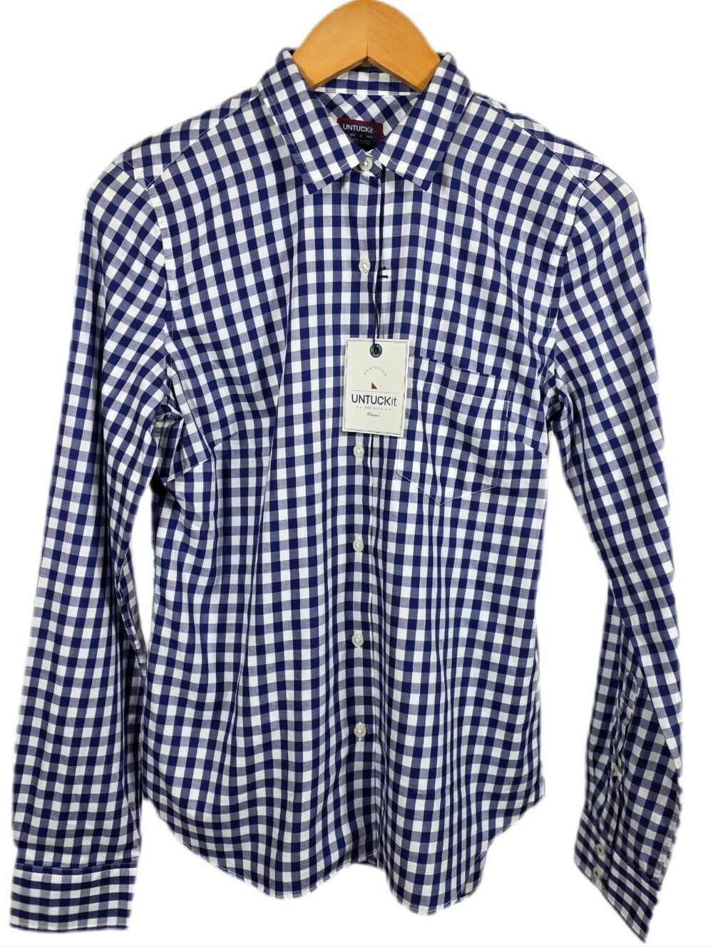 🆕️UNTUCKit Women’s Navy & White Gingham Button-Down Shirt